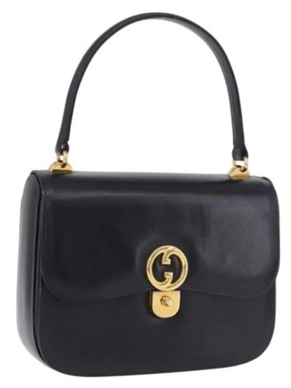 GUCCI Hand Bag Leather Navy Gold Auth 187557A